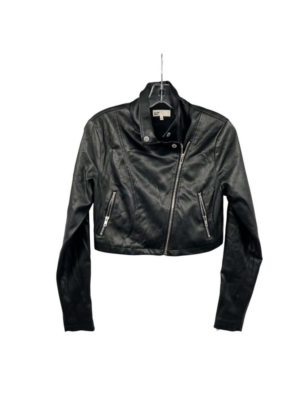 By The Way Womens Cropped Moto Jacket Faux Leather Black Size Small Pockets